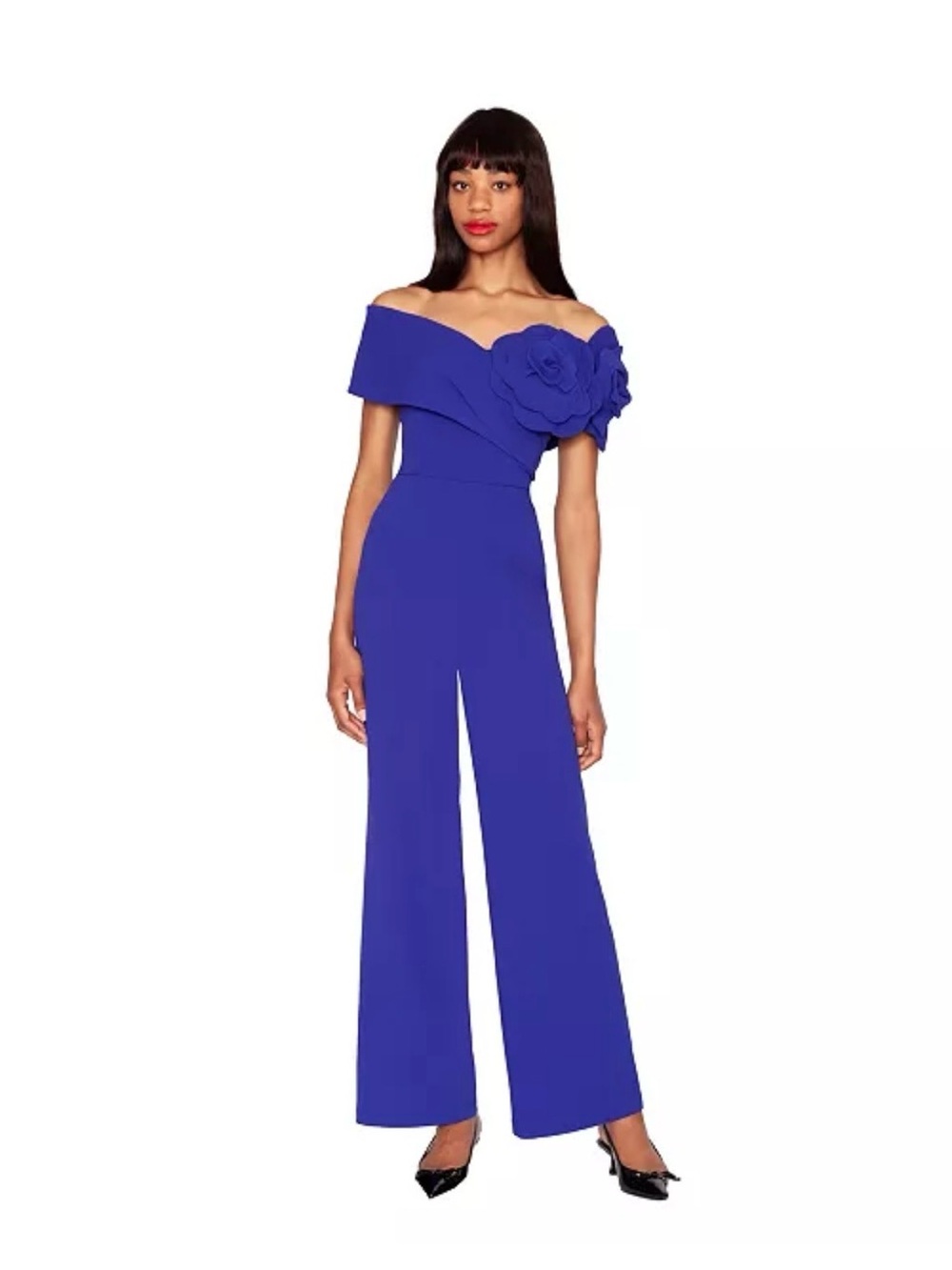 Off-Shoulder Wide Leg Jumpsuit with Floral Detail - Royal Blue